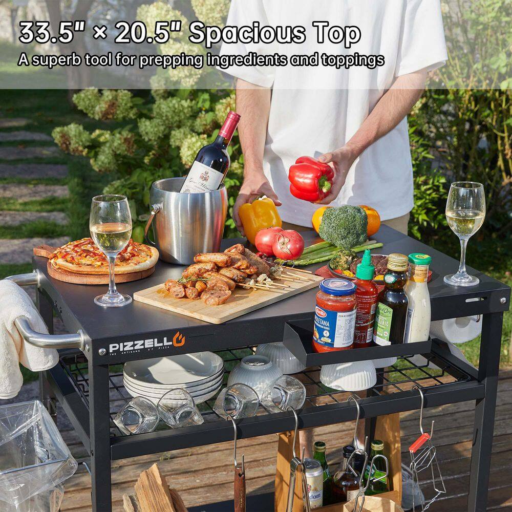 Black Steel Three-Shelf Outdoor Grill Cart with Wheels