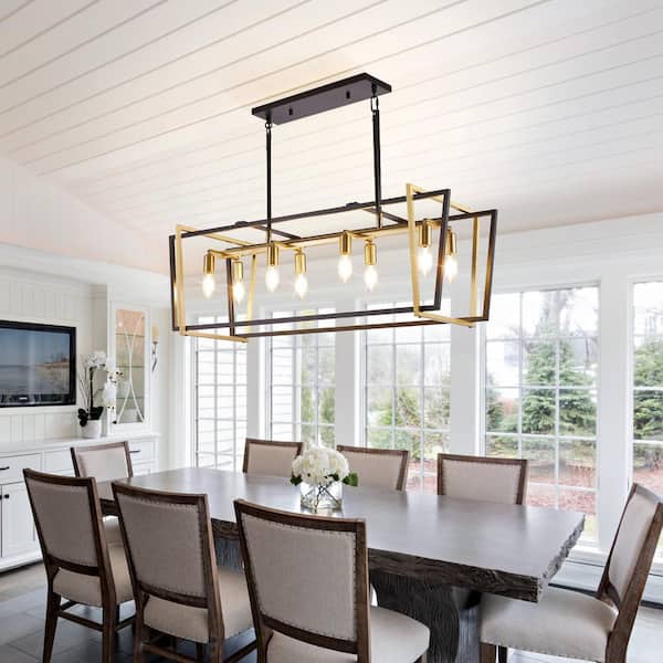 Industrial 8-Light Vintage Black and Gold Modern Industrial Cage Chandelier Light Fixture for Dining Room or Kitchen