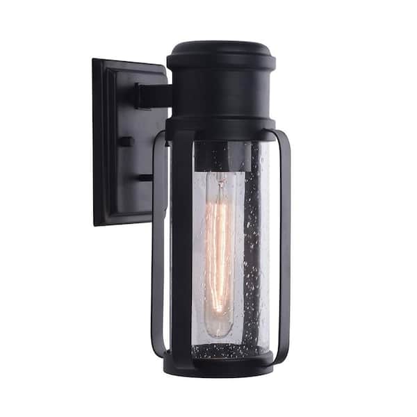 Eglo Abner 1-Light Matte Black Outdoor Wall Light Sconce with Clear Seedy Glass Shade
