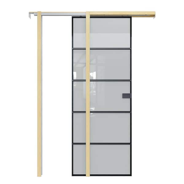 28 in. x 80 in. 5-Lite Frosted Glass Black Finished Aluminum Pocket Door with Aluminum Door Hardware and Soft Close
