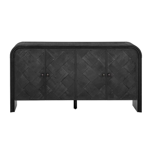 Lycvki 59.8 in. Black Kitchen Pantry Cabinet with Handwoven Wood Slat Doors, Tiered Stepped Design