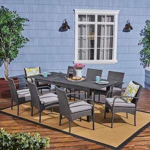 Elmar Dark Grey 9-Piece Wood and Faux Rattan Outdoor Patio Dining Set with Grey Cushions