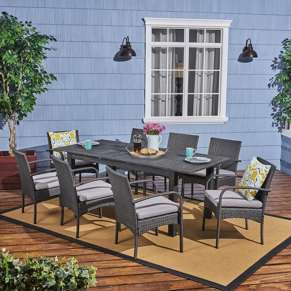 Elmar Dark Grey 9-Piece Wood and Faux Rattan Outdoor Patio Dining Set with Grey Cushions