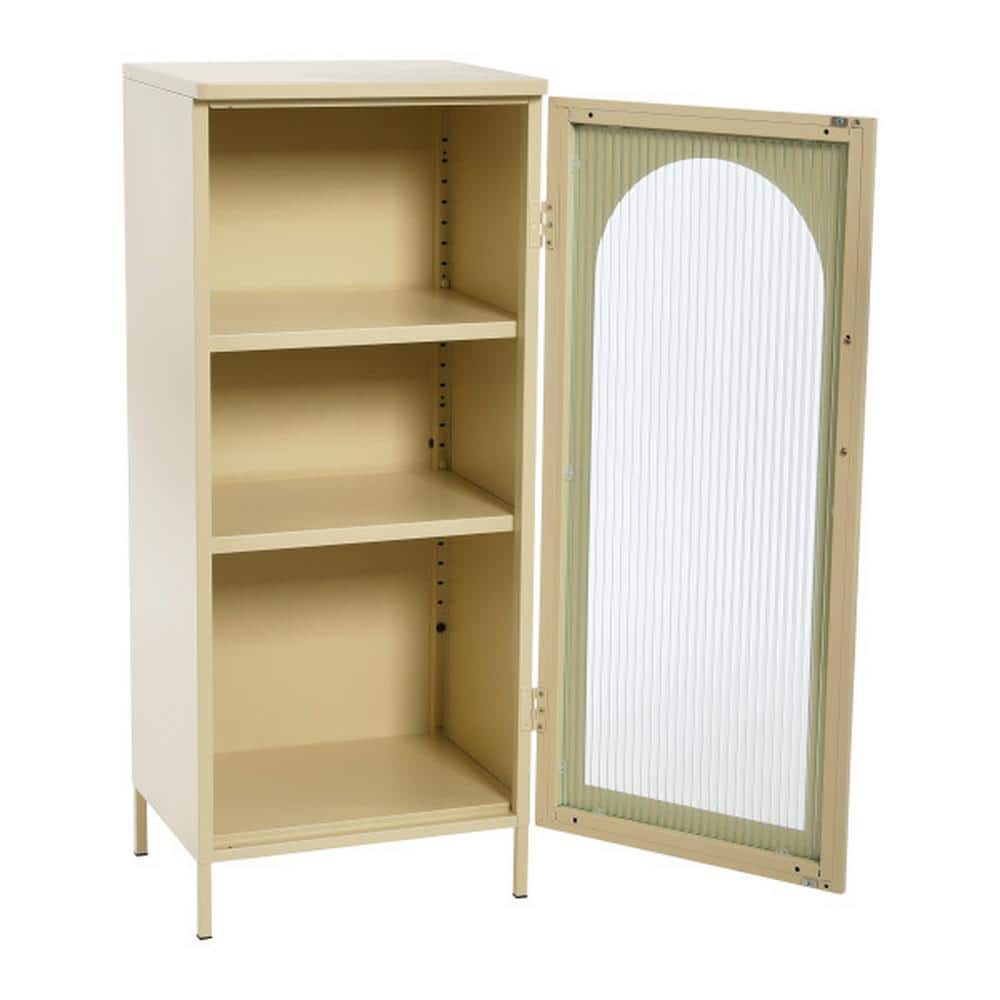 Cream Metal Accent Cabinet with Arched Glass Door and Adjustable Shelves