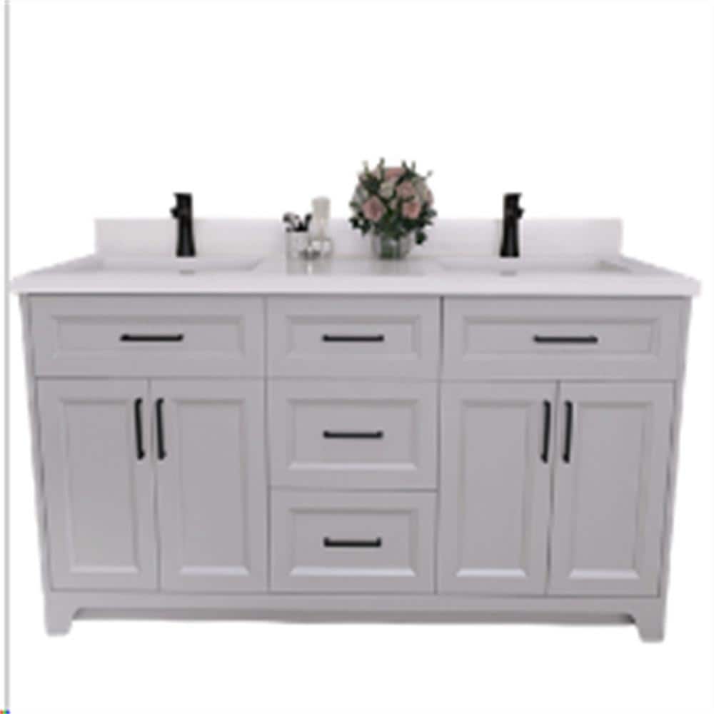 60 in. W × 21.5 in. D × 33.5 in. H Light Gray Bathroom Vanity with White 