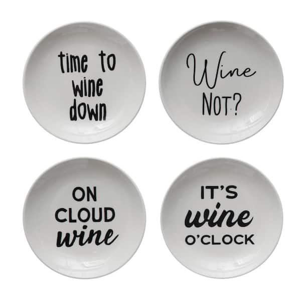 3R studios White and Black Stoneware Dessert Plates with Wine Saying 4 pc