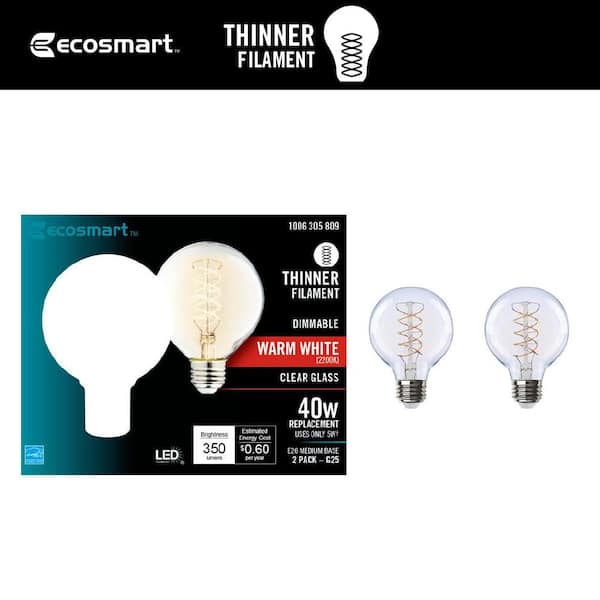 EcoSmart 40-Watt Equivalent G25 Dimmable Fine Bendy Filament LED Vintage Edison Light Bulb Warm White (2-Pack)