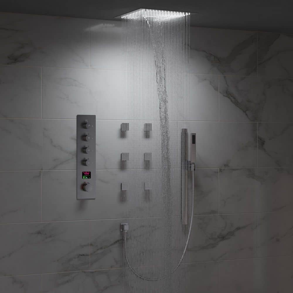 EVERSTEIN 64 LED 15-Spray 16 in. Dual Ceiling Mount Shower Head 6 body jets and Handheld with slide bar 2.5 GPM in Brushed Nickel