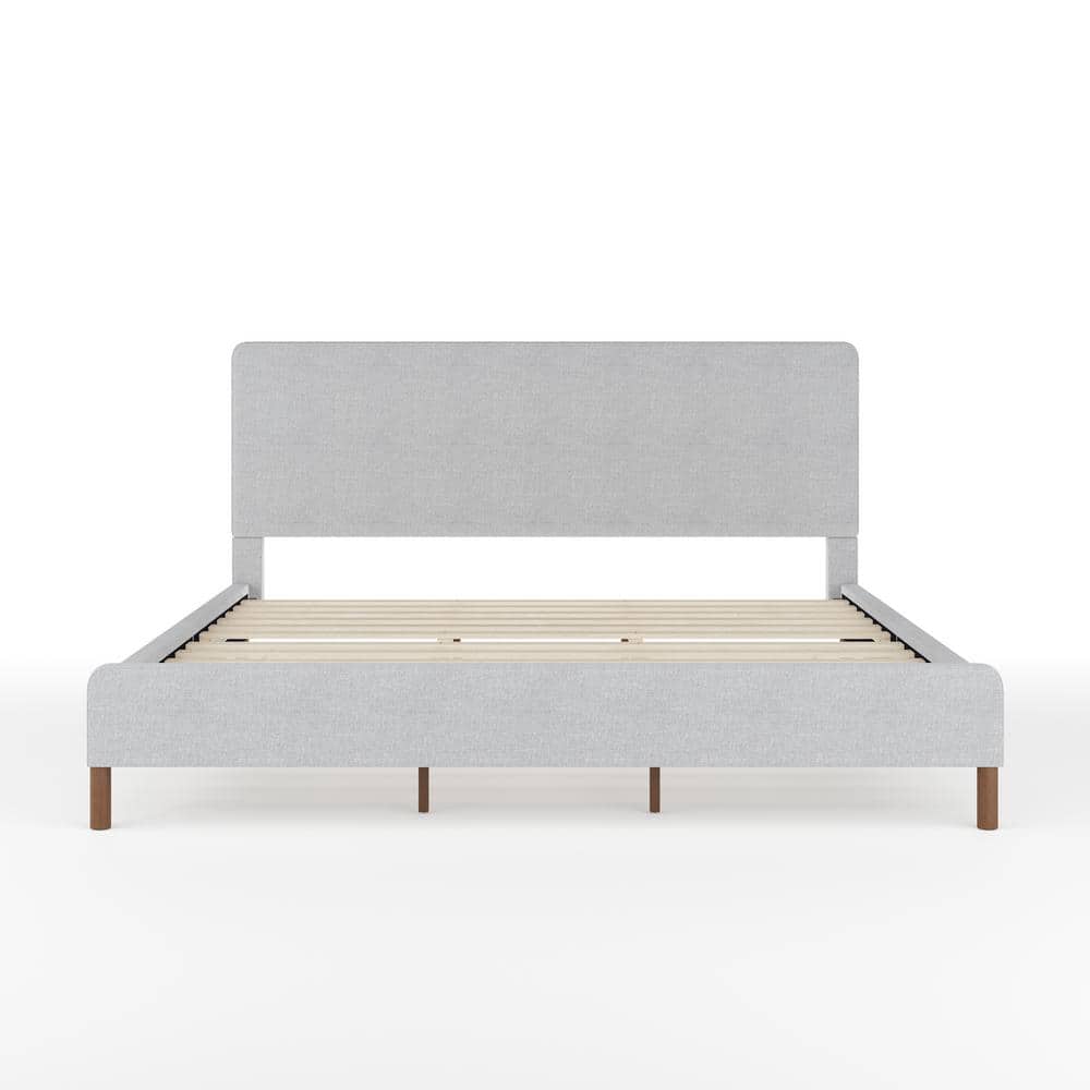 King Gray Linen Upholstered Platform Bed with Wood Frame