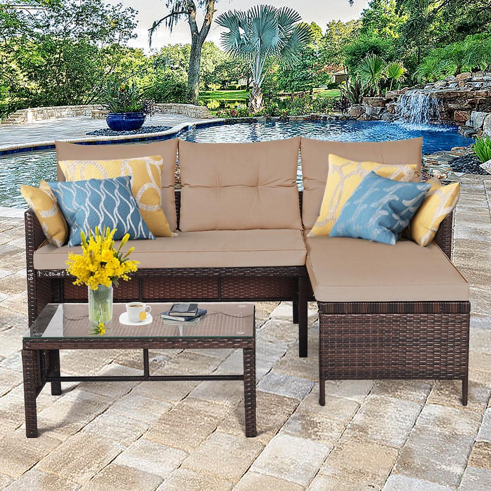 Patio Corner Sofa Set 3-Piece Wicker Outdoor Sectional Set Rattan Sofa Set in Brown price history on PriceWatchPro