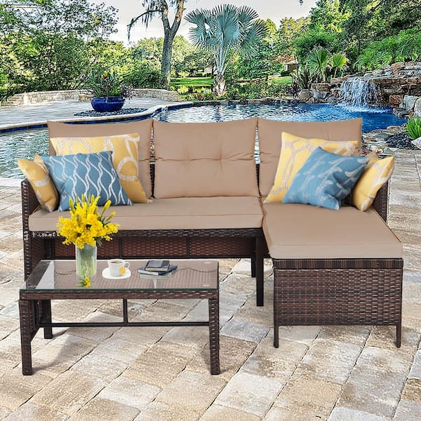 Patio Corner Sofa Set 3-Piece Wicker Outdoor Sectional Set Rattan Sofa Set in Brown