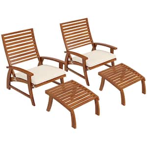 Teak Acacia Wood Outdoor Dining Chairs with Footstools, Slatted Seat and Backrest, Armrests Cream White Cushion