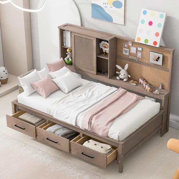 Harper & Bright Designs Antique Wood Twin Size Daybed with Storage Shelves, 3-Drawers, Cork Board, USB Ports
