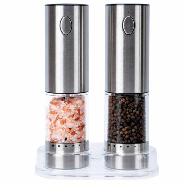 2-Piece Electric Salt and Pepper Grinder Set Stainless Steel Refillable 6-Adjustable Coarseness with LED