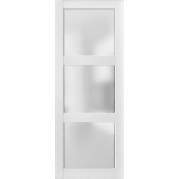 Sartodoors 2552 42 in. x 80 in. 3 Panel No Bore Solid 3 Lite Frosted Glass White Finished Pine Wood Interior Door Slab