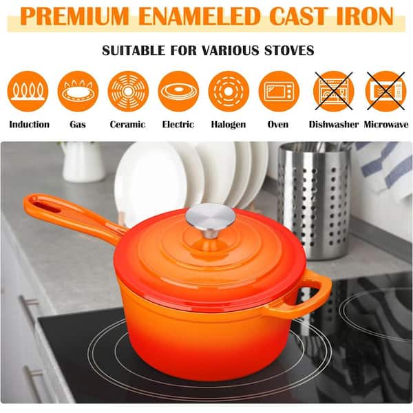 UUDULY 2-Piece Orange Enameled Cast Iron Saucepan Set Induction