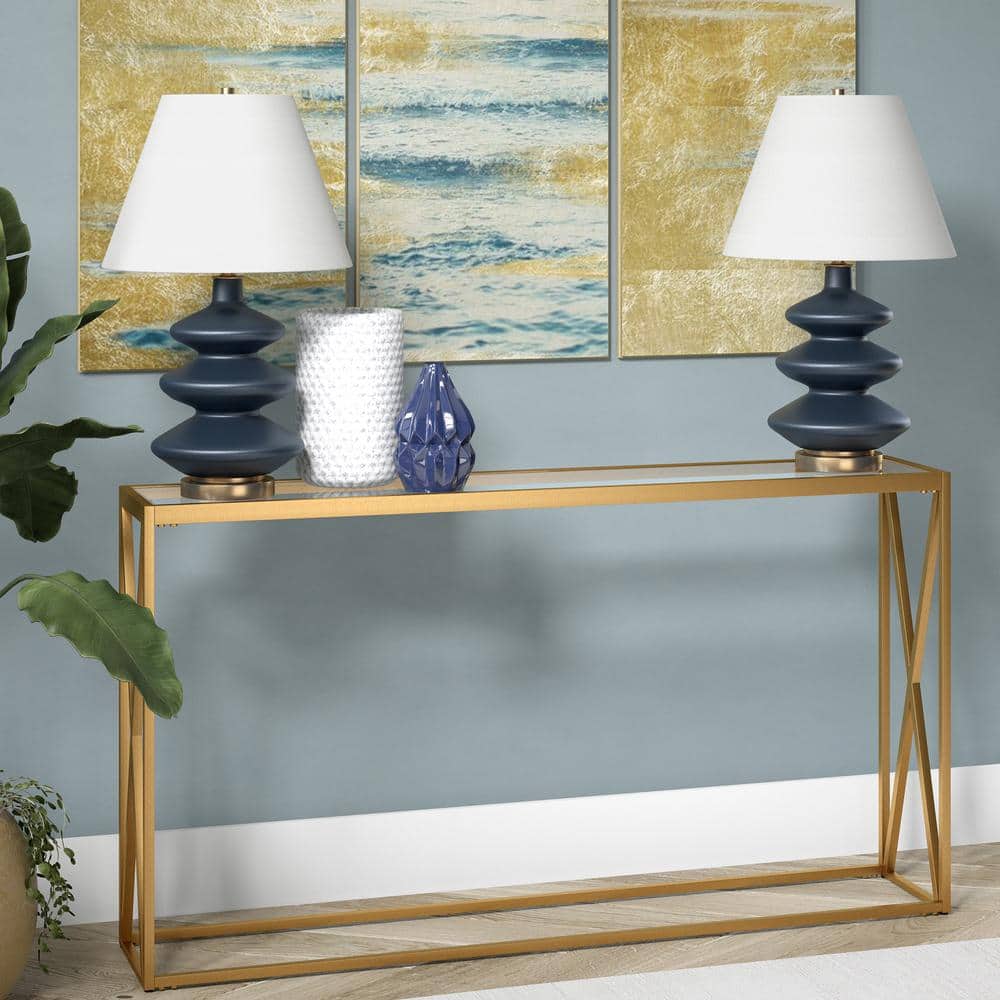 Modern Geometric 55" Brass Console Table with Tempered Glass Top