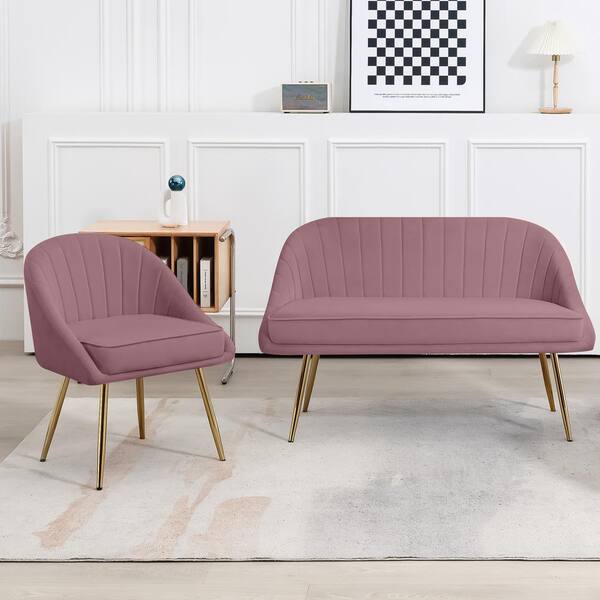 JEAREY Atye 2 Piece Pink Living Room Velvet Loveseat and Accent Chair Set