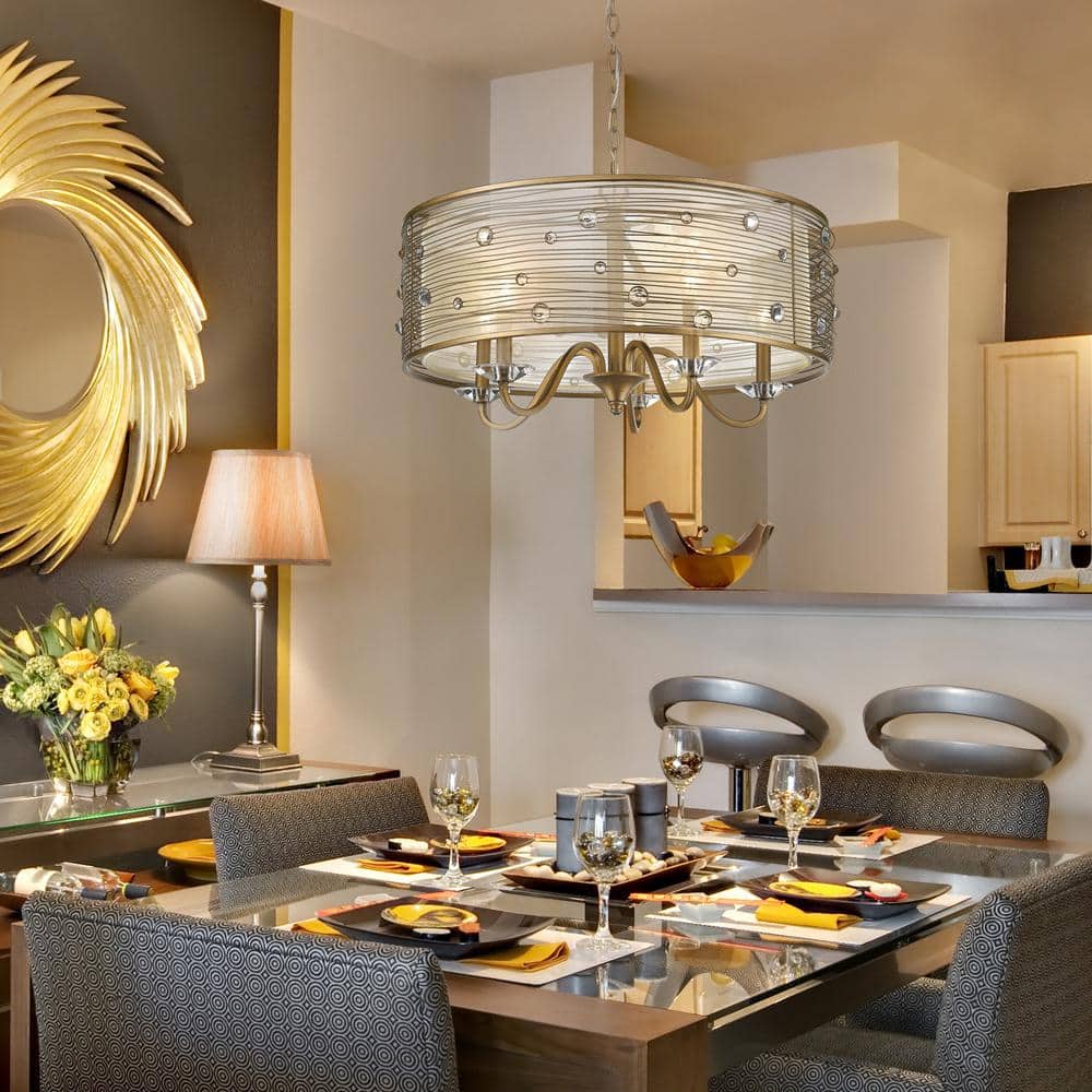 Elegant Peruvian Gold 5-Light Chandelier with Crystal Accents and Sheer Shade