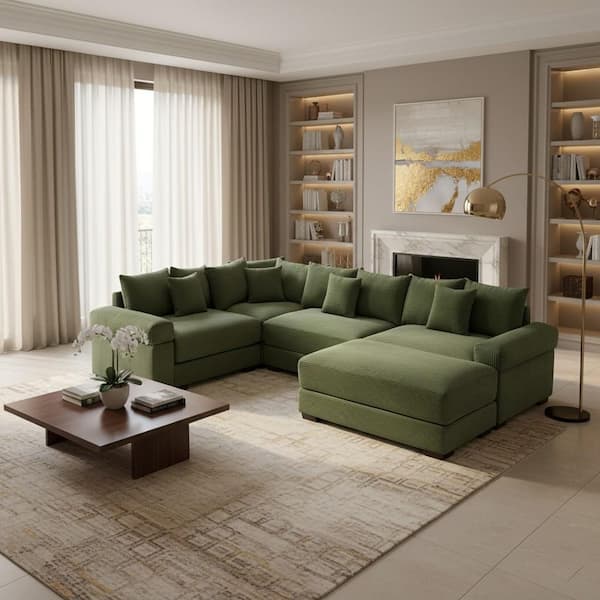 DDSMYS 116.9 in. Straight Arm 5-Piece Corduroy Modular Sectional Sofa with Ottoman and Ergonomic Design in Olive Green