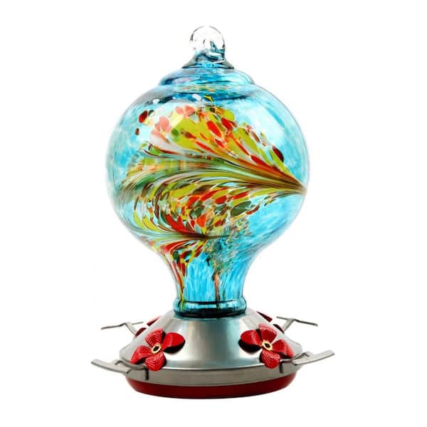 ITOPFOX Colorful Glass Hanging Hummingbird Flower Feeder with 4 Feeding Ports, 2 Hooks and 1 Rope Included, Blue