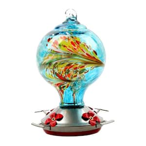 Colorful Glass Hanging Hummingbird Flower Feeder with 4 Feeding Ports, 2 Hooks and 1 Rope Included, Blue