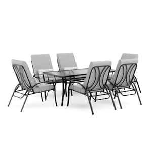 Palma 7-Piece Steel/Metal Rectangle Glass Top Outdoor Dining Set with Gray Cushions and Adjustable Backrest