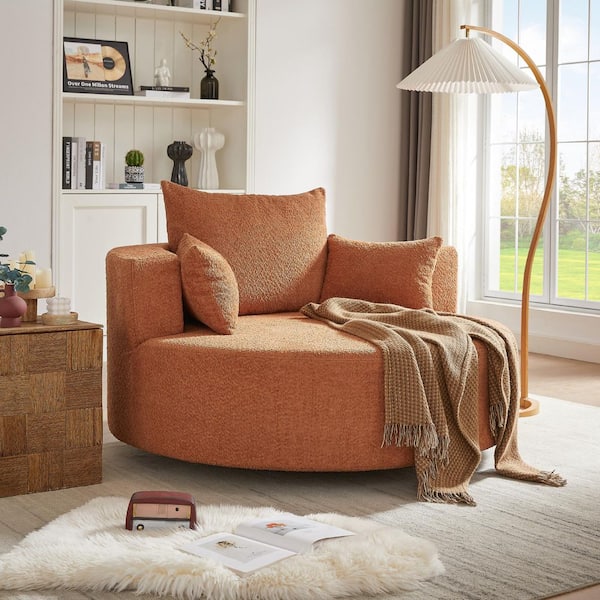 Effie Orange Red 360° Swivel Chenille Barrel Accent Chair with 3 Removable Pillows, Round Sofa Chair