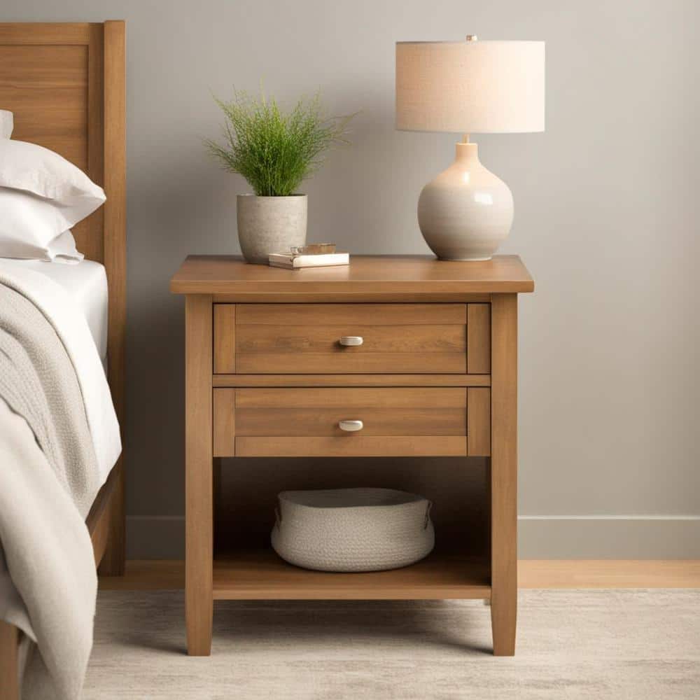 Simpli Home Warm Shaker 24 in. Wide 2-Drawer Light Golden Brown Solid Wood Transitional Bedside Nightstand Table AXCRWSH46-LGB - The Home Depot