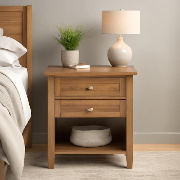 Simpli Home Warm Shaker 24 in. Wide 2-Drawer Light Golden Brown Solid Wood Transitional Bedside Nightstand Table