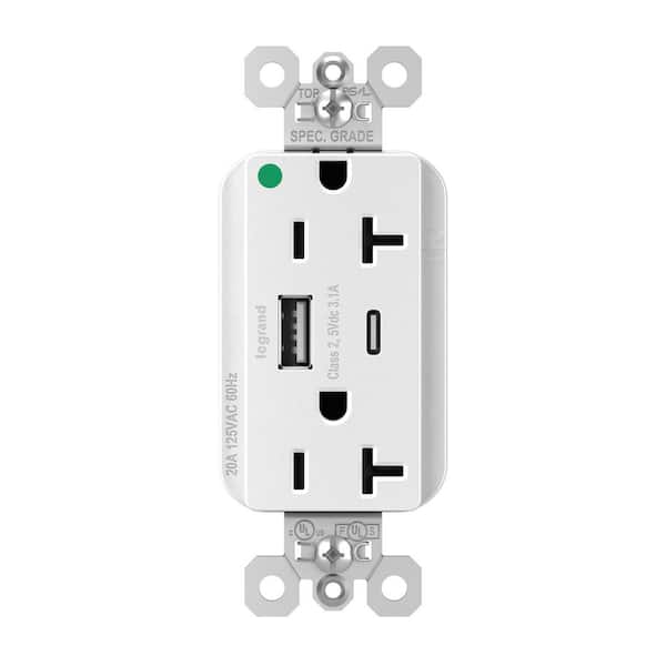 PlugTail 20 Amp Hospital Grade Decorator USB Type AC Outlet, White