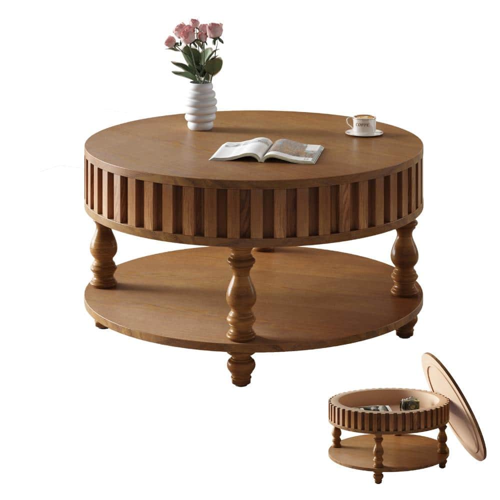 31.5 in. Walnut Brown Round Solid Wood and MDF Coffee Table with Flip-Top Hidden Storage and Open Shelf