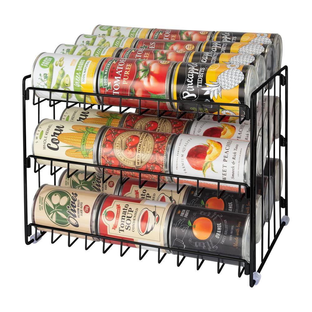 Black Steel 3-Tier Can Storage Organizer Rack