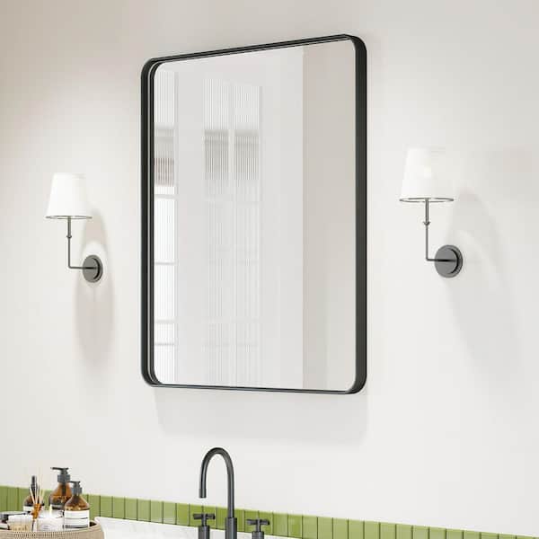 36 in. W x 30 in. H Rectangular Aluminum Framed Modern Black Rounded Wall Mirror