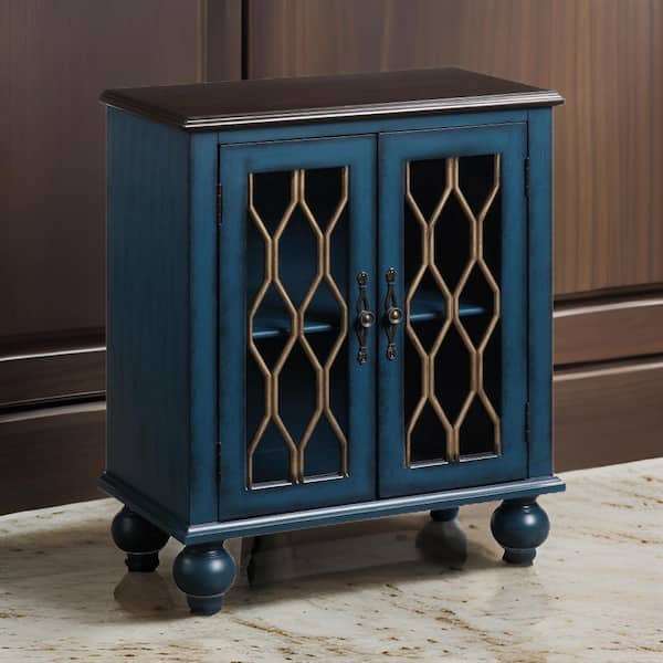 Benjara 15 in. Blue Rectangle Wooden Console Table with Carved Leaf Motif Doors
