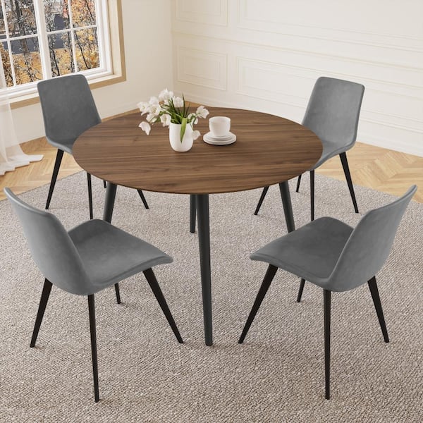 GOJANE 5-Piece 43.3 in. Modern Round Dining Table with 4-Leather Chairs (Walnut Table Plus 4-Grey Chairs)