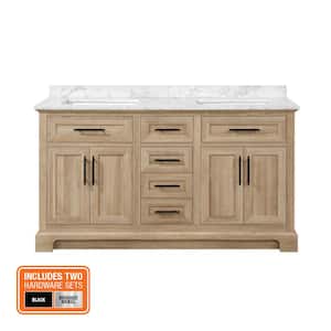 Doveton 60 in. W x 19 in. D x 34 in. H Double Sink Bath Vanity in Weathered Tan with White Engineered Marble Top