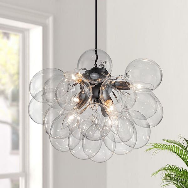 TinHon Modern 6-Light Black Bubble Glass Pendant Chandelier, Clear