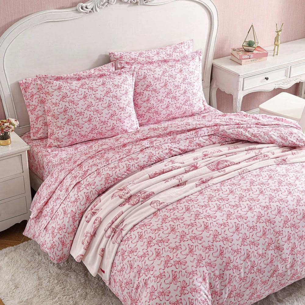 King Pink Polyester Ballet Bows Duvet Cover Set
