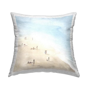 People Lounging at Beach Soft Blue Coastal Landscape Blue Square Outdoor Throw Pillow