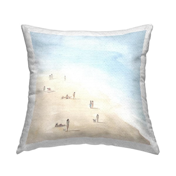 People Lounging at Beach Soft Blue Coastal Landscape Blue Square Outdoor Throw Pillow