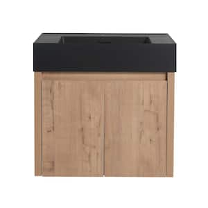 23.6 in. W x 18.1 in. D x 22.4 in. H Wall-Mounted Bath Vanity in Light Brown with Black Resin Vanity Top