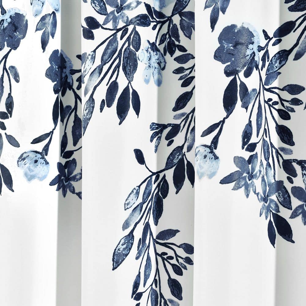 Navy and White Floral Print Blackout Curtain Panels