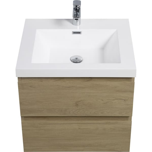 Espace 23.6 in. Modern Wall-Mounted Floating Natural Oak Bath Vanity with White Resin Top, Cabinet, Drawers