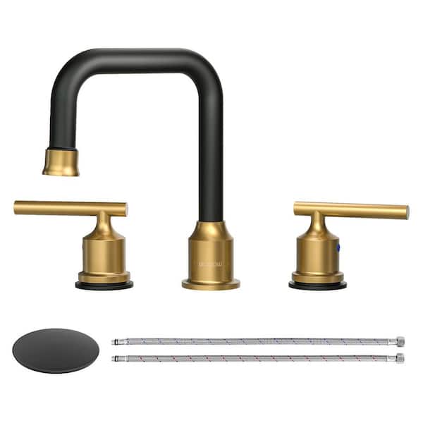 WOWOW 8 in. Wide Spread Double Handle Bathroom Faucet in Black and Gold