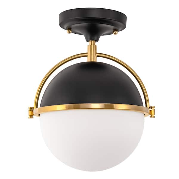 Briignite 10-Inch 1-Light Black and Gold Semi-Flush Mount Ceiling Light with Frosted Glass Shade, Dome Fixture for Bedroom Decor