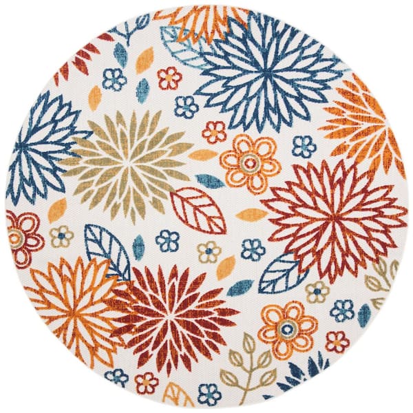 Cabana Creme/Red 3 ft. x 3 ft. Floral Indoor/Outdoor Round Area Rug