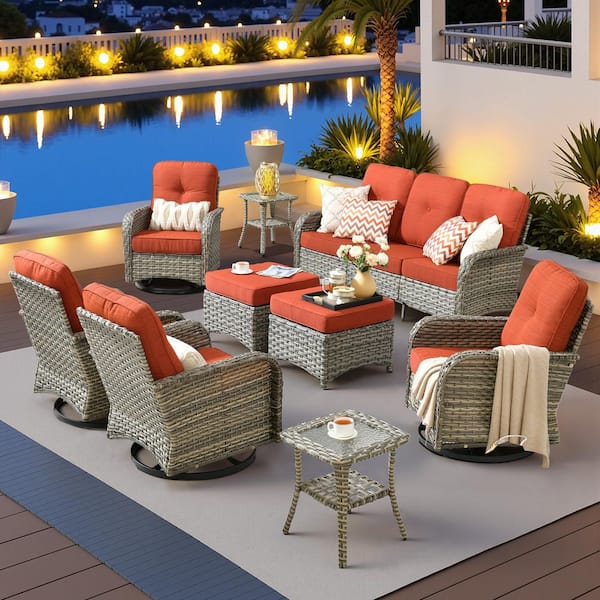 Gerbera F 9-Piece Outdoor Wicker Patio Conversation Set with Swivel Rocking Chairs and Orange Red Cushions