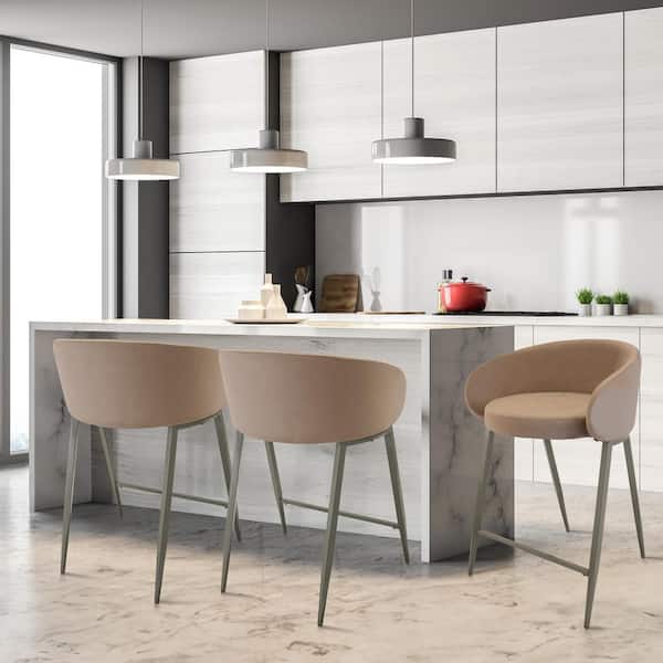 Homepop Logan Velvet 26 in. Light Brown Velvet Upholstery Low Back Metal Counter Stool with Velvet Seat