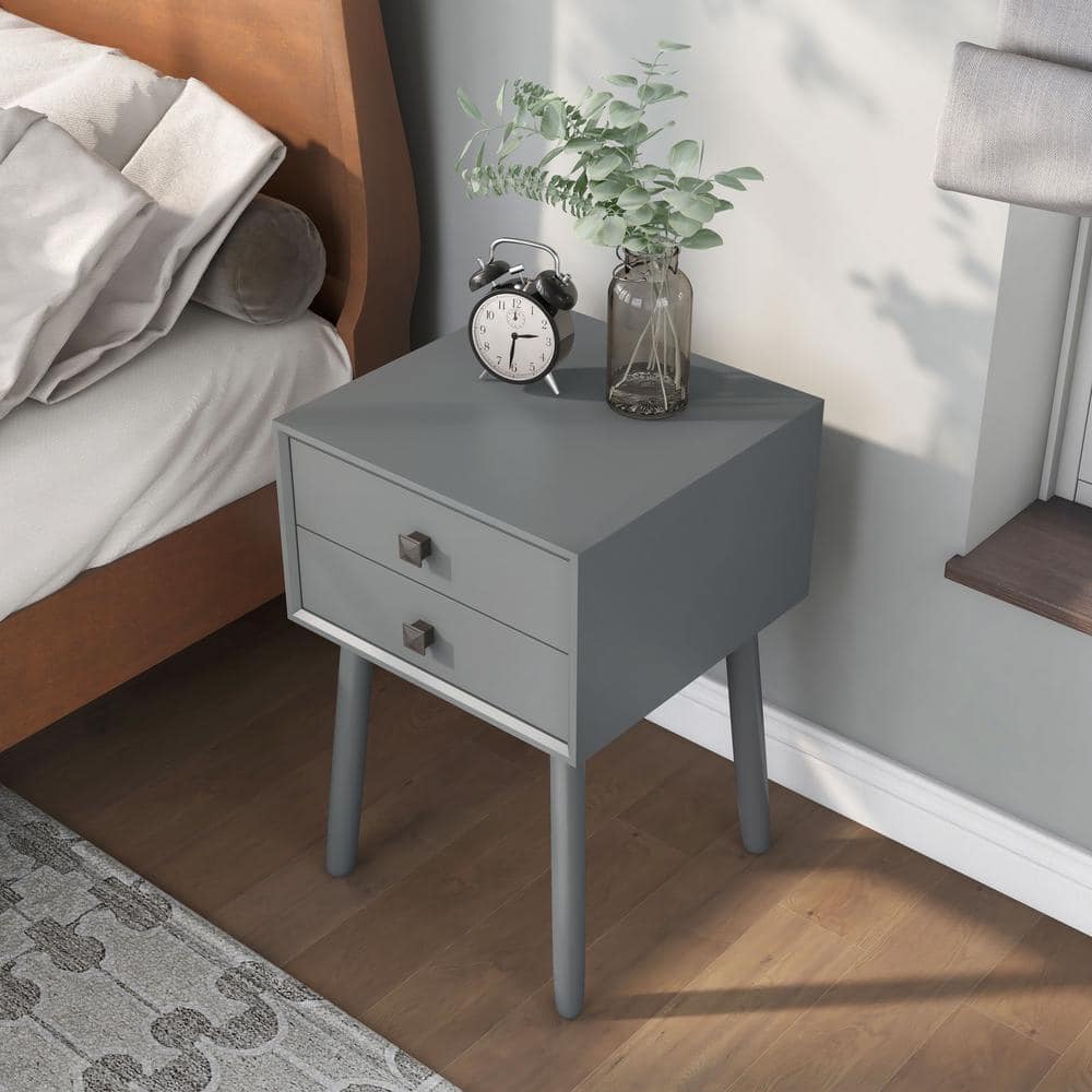 Gray Mid-Century Modern 2-Drawer Rubberwood Nightstand